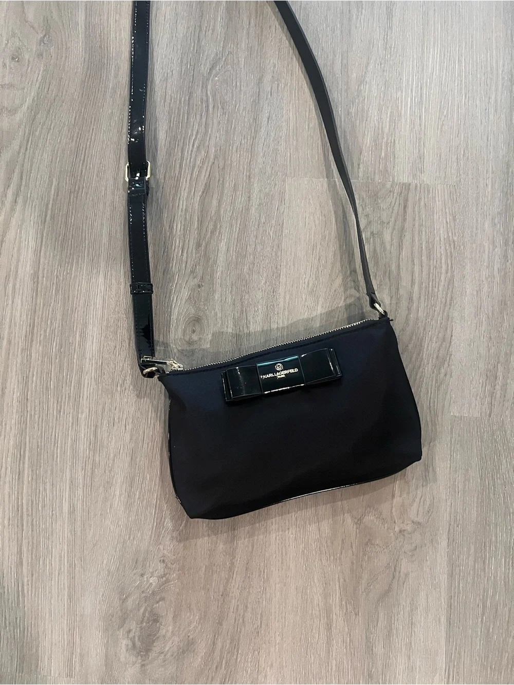 Karl Lagerfeld Black Nylon Crossbody with Patent Bow Accent